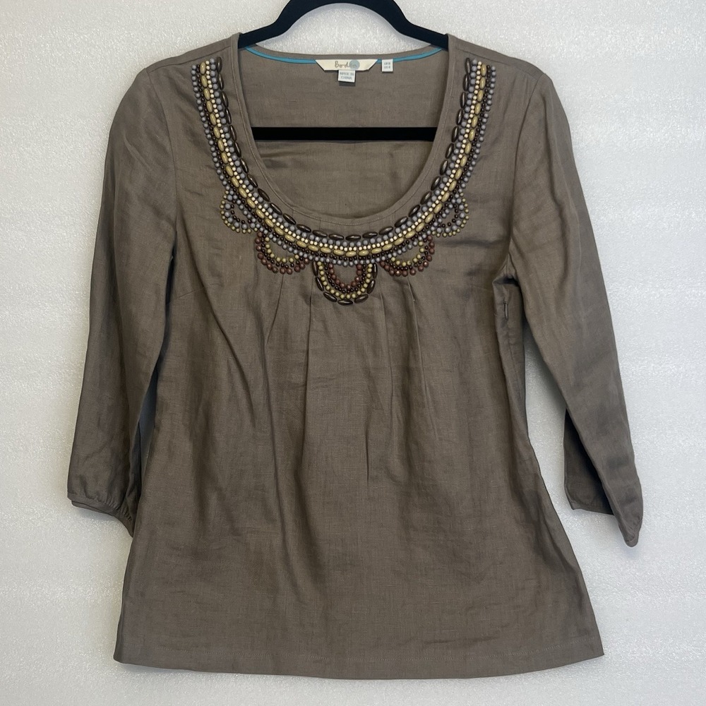 Boden Beaded Neckline 100% Line 3/4 Sleeve Blouse 4 Boho Hippie Festival